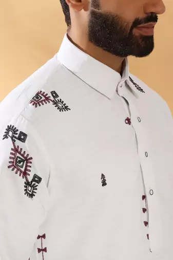 White embroidered linen pathani and salwar