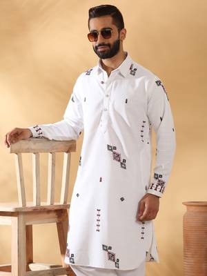 White embroidered linen pathani and salwar 4