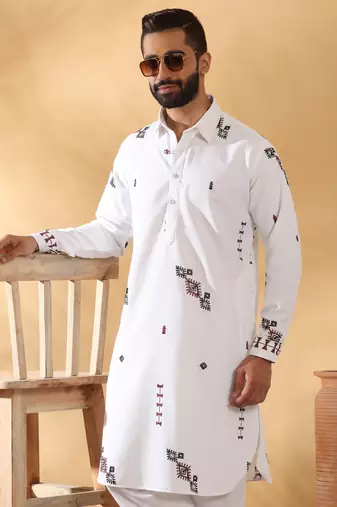 White embroidered linen pathani and salwar