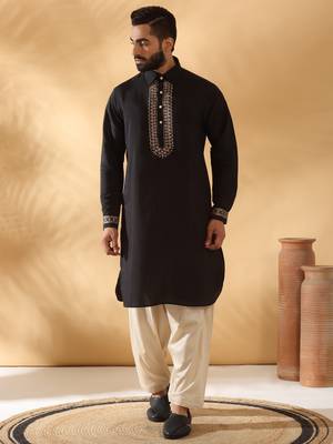 Cotton silk sequined embroidered yoke design black kurta with beige patiala salwar 1