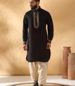 Cotton silk sequined embroidered yoke design black kurta with beige patiala salwar