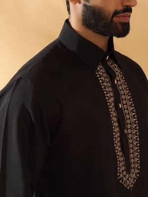 Cotton silk sequined embroidered yoke design black kurta with beige patiala salwar 3