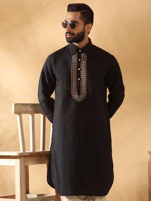 Cotton silk sequined embroidered yoke design black kurta with beige patiala salwar 5
