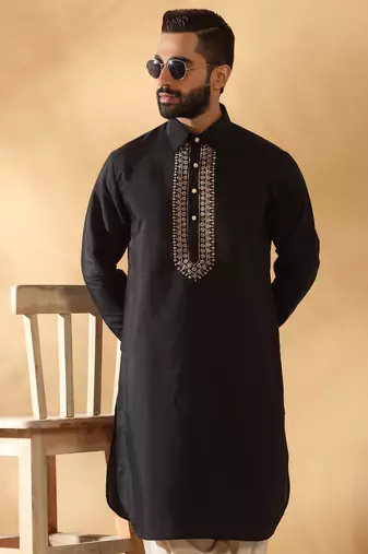 Cotton silk sequined embroidered yoke design black kurta with beige patiala salwar