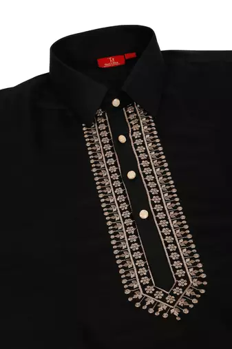 Cotton silk sequined embroidered yoke design black kurta with beige patiala salwar