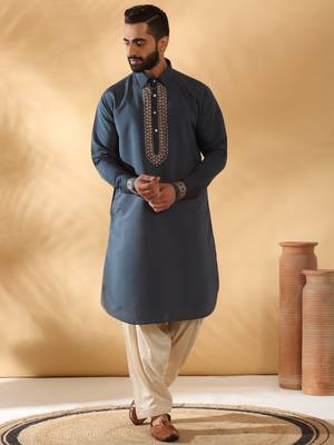 Cotton silk sequined embroidered yoke design blue kurta with beige patiala salwar 1