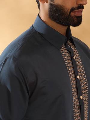 Cotton silk sequined embroidered yoke design blue kurta with beige patiala salwar 2