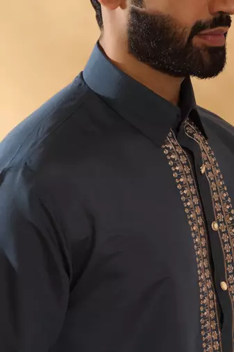 Cotton silk sequined embroidered yoke design blue kurta with beige patiala salwar