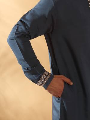 Cotton silk sequined embroidered yoke design blue kurta with beige patiala salwar 3