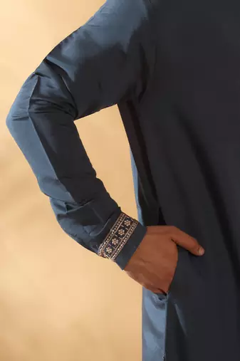Cotton silk sequined embroidered yoke design blue kurta with beige patiala salwar