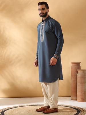 Cotton silk sequined embroidered yoke design blue kurta with beige patiala salwar 4