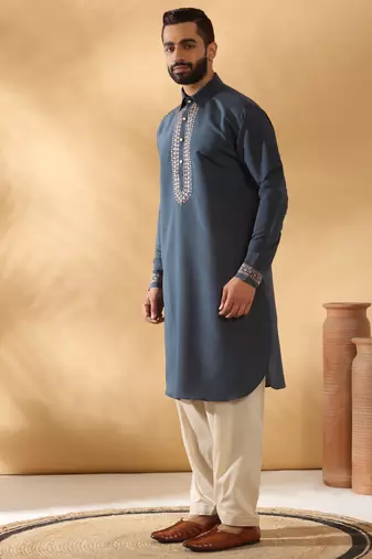 Cotton silk sequined embroidered yoke design blue kurta with beige patiala salwar