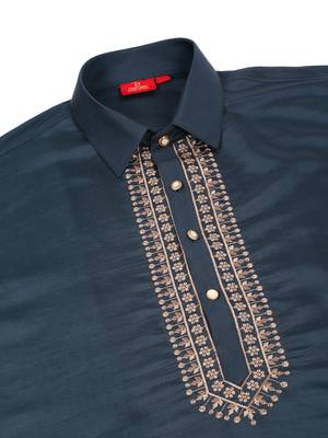 Cotton silk sequined embroidered yoke design blue kurta with beige patiala salwar 5