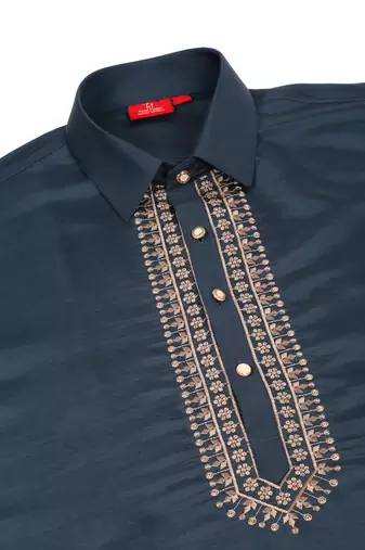 Cotton silk sequined embroidered yoke design blue kurta with beige patiala salwar