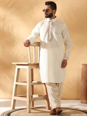 Cotton silk sequined embroidered yoke design cream kurta with beige patiala salwar 1