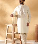 Cotton silk sequined embroidered yoke design cream kurta with beige patiala salwar