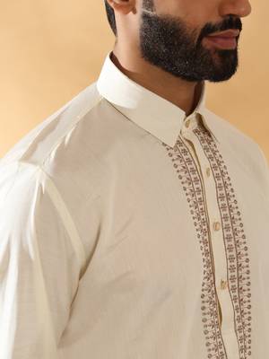 Cotton silk sequined embroidered yoke design cream kurta with beige patiala salwar 2