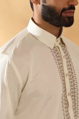 Cotton silk sequined embroidered yoke design cream kurta with beige patiala salwar