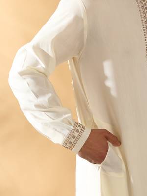 Cotton silk sequined embroidered yoke design cream kurta with beige patiala salwar 3