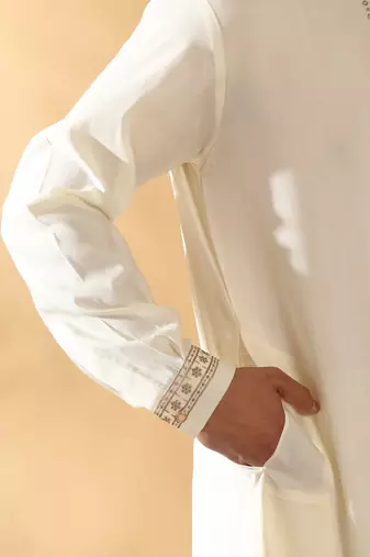 Cotton silk sequined embroidered yoke design cream kurta with beige patiala salwar