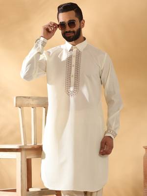 Cotton silk sequined embroidered yoke design cream kurta with beige patiala salwar 4