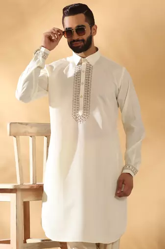 Cotton silk sequined embroidered yoke design cream kurta with beige patiala salwar