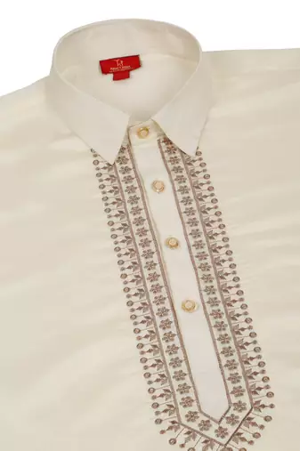 Cotton silk sequined embroidered yoke design cream kurta with beige patiala salwar