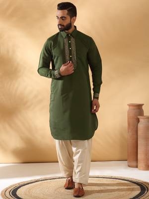 Cotton silk sequined embroidered yoke design olive green kurta with beige patiala salwar 1