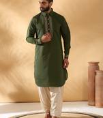 Cotton silk sequined embroidered yoke design olive green kurta with beige patiala salwar