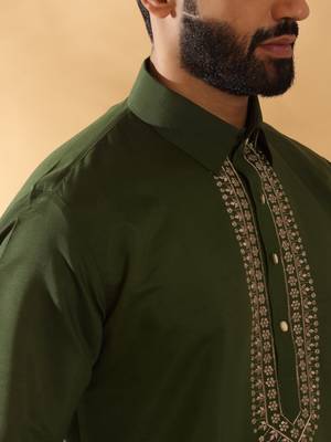 Cotton silk sequined embroidered yoke design olive green kurta with beige patiala salwar 2