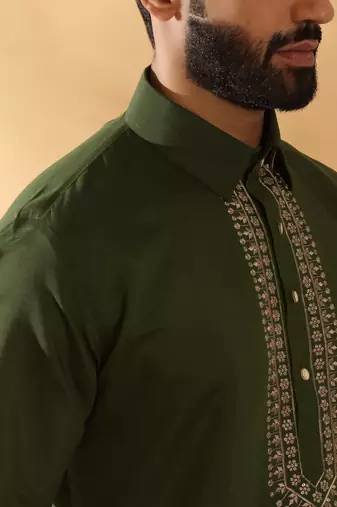 Cotton silk sequined embroidered yoke design olive green kurta with beige patiala salwar