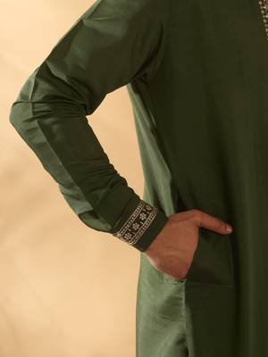 Cotton silk sequined embroidered yoke design olive green kurta with beige patiala salwar 3
