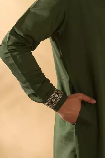 Cotton silk sequined embroidered yoke design olive green kurta with beige patiala salwar