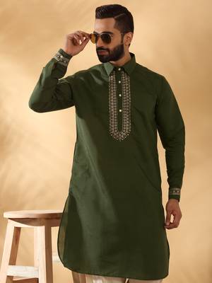Cotton silk sequined embroidered yoke design olive green kurta with beige patiala salwar 4