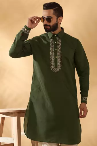 Cotton silk sequined embroidered yoke design olive green kurta with beige patiala salwar