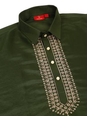 Cotton silk sequined embroidered yoke design olive green kurta with beige patiala salwar 5