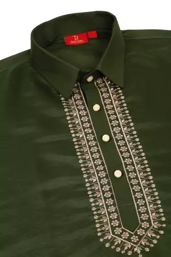 Cotton silk sequined embroidered yoke design olive green kurta with beige patiala salwar