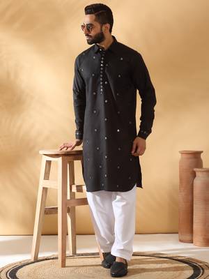 Cotton embroidered sequenced black pathani kurta with white salwar 1