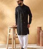 Cotton embroidered sequenced black pathani kurta with white salwar