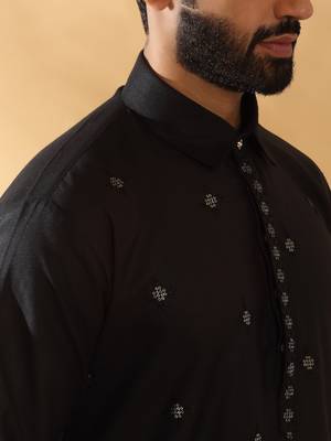 Cotton embroidered sequenced black pathani kurta with white salwar 2