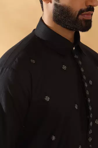 Cotton embroidered sequenced black pathani kurta with white salwar