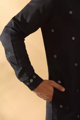 Cotton embroidered sequenced black pathani kurta with white salwar