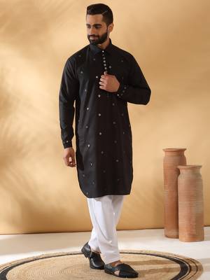 Cotton embroidered sequenced black pathani kurta with white salwar 4