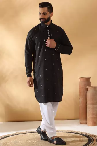 Cotton embroidered sequenced black pathani kurta with white salwar