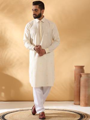 Cotton embroidered sequenced cream pathani kurta with white salwar 1