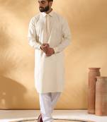 Cotton embroidered sequenced cream pathani kurta with white salwar
