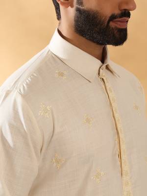 Cotton embroidered sequenced cream pathani kurta with white salwar 2