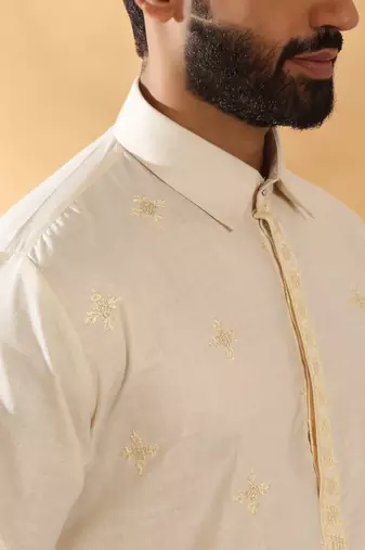 Cotton embroidered sequenced cream pathani kurta with white salwar