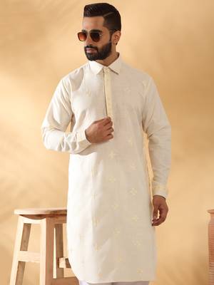 Cotton embroidered sequenced cream pathani kurta with white salwar 3