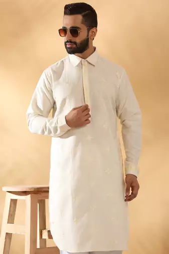 Cotton embroidered sequenced cream pathani kurta with white salwar
